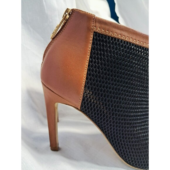 Cole Haan Adella Black Mesh Pecan Tan Leather Open Toe Booties Womens 7.5 - Picture 5 of 12